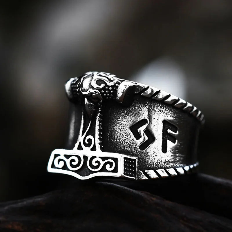 Teel soldier Son of Odin Thor Hammer Biker Ring Viking Mens Mjolnir Stainless Steel Rune Amulet Rings Norse Jewelry Gift