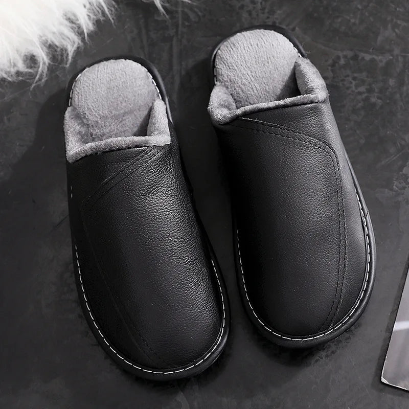 Paris Black Winter Leather Slippers – Warm Waterproof Indoor Shoes