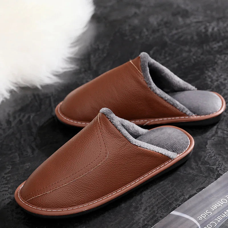 Paris Black Winter Leather Slippers – Warm Waterproof Indoor Shoes