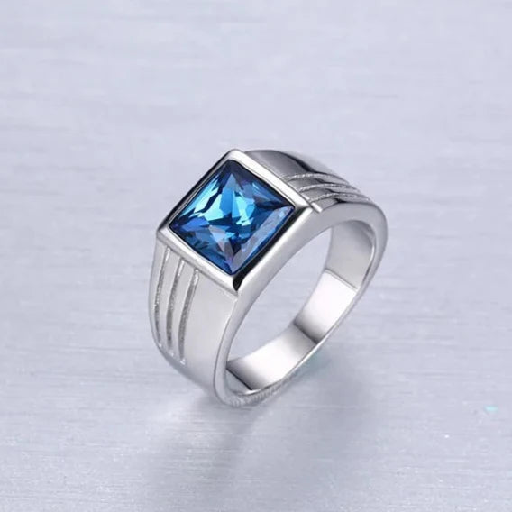 Stone Blue CZ Zircon Engagement Band Ring for Men Silver Color Stainless Steel High Quality