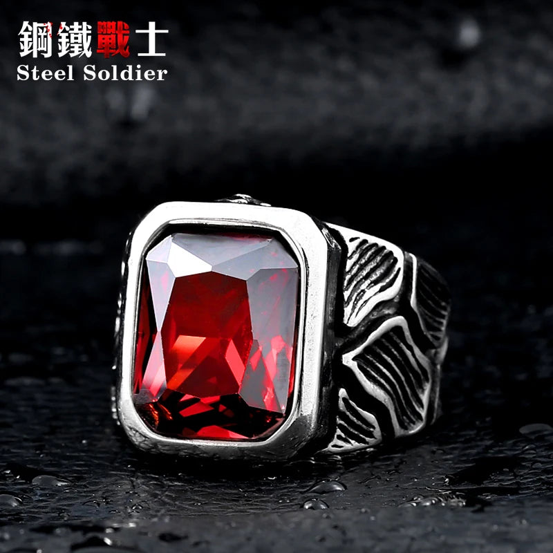 Steel soldier stainless steel men stone ring crackle design style ring big red/blue stone 316l steel jewelry