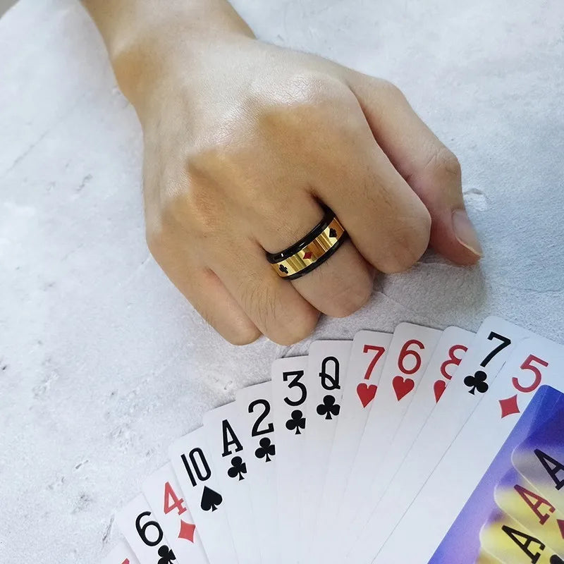 Fortune Luck Men's Spinner Rings Peace Wisdom Love Charm Play Cards Las Vegas Male Anillo Rock Accessory