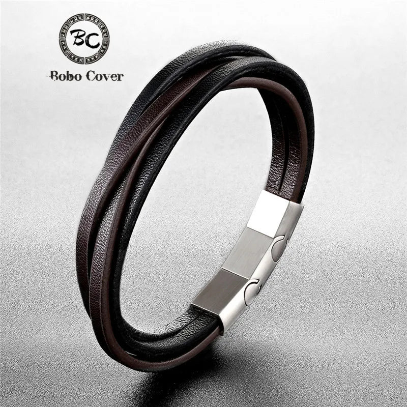 Siena Multilayer Leather Bracelet - Stainless Steel Buckle & Braided Wrap for Men