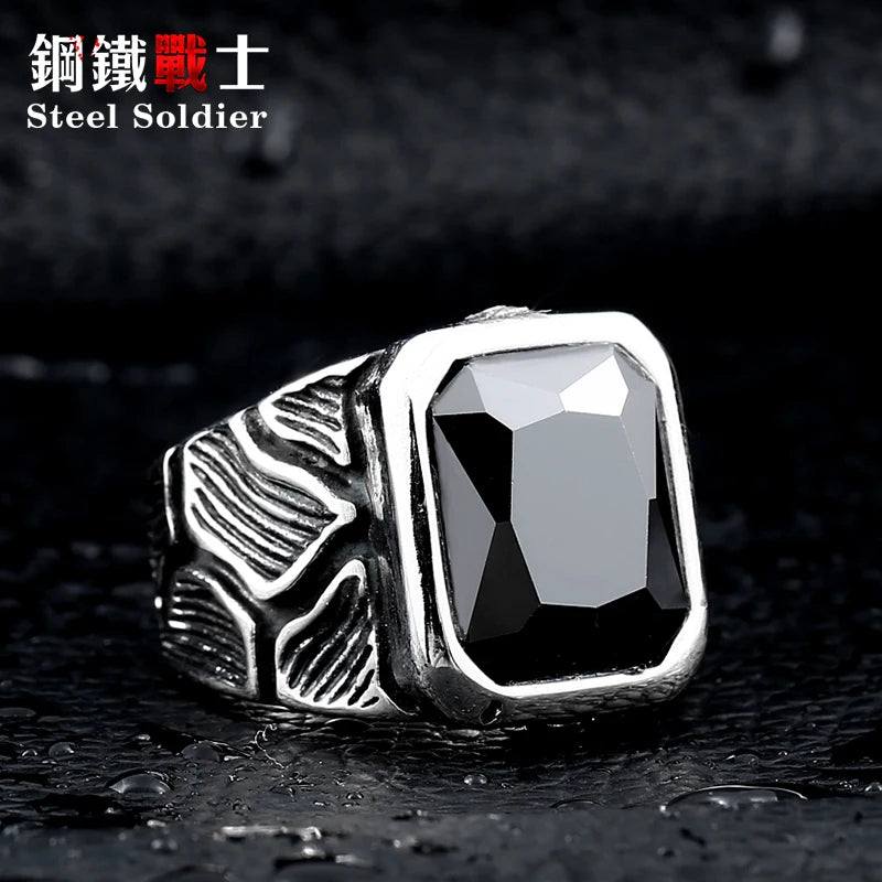 Steel soldier stainless steel men stone ring crackle design style ring big red/blue stone 316l steel jewelry