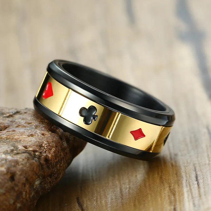 Fortune Luck Men's Spinner Rings Peace Wisdom Love Charm Play Cards Las Vegas Male Anillo Rock Accessory