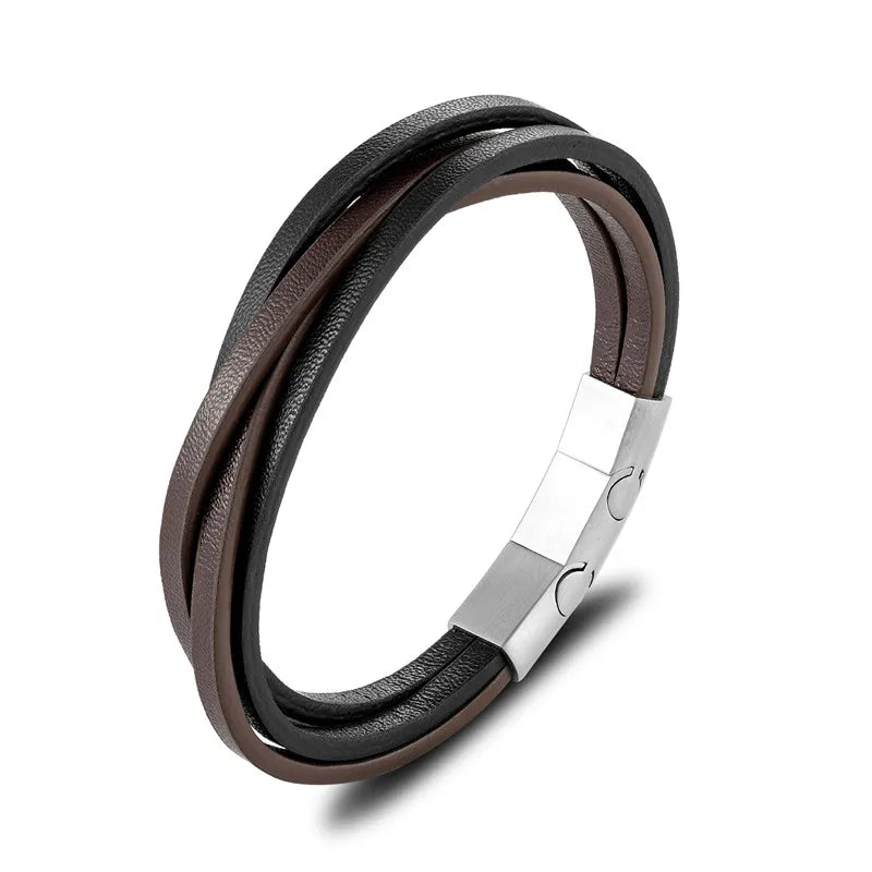 Siena Multilayer Leather Bracelet - Stainless Steel Buckle & Braided Wrap for Men