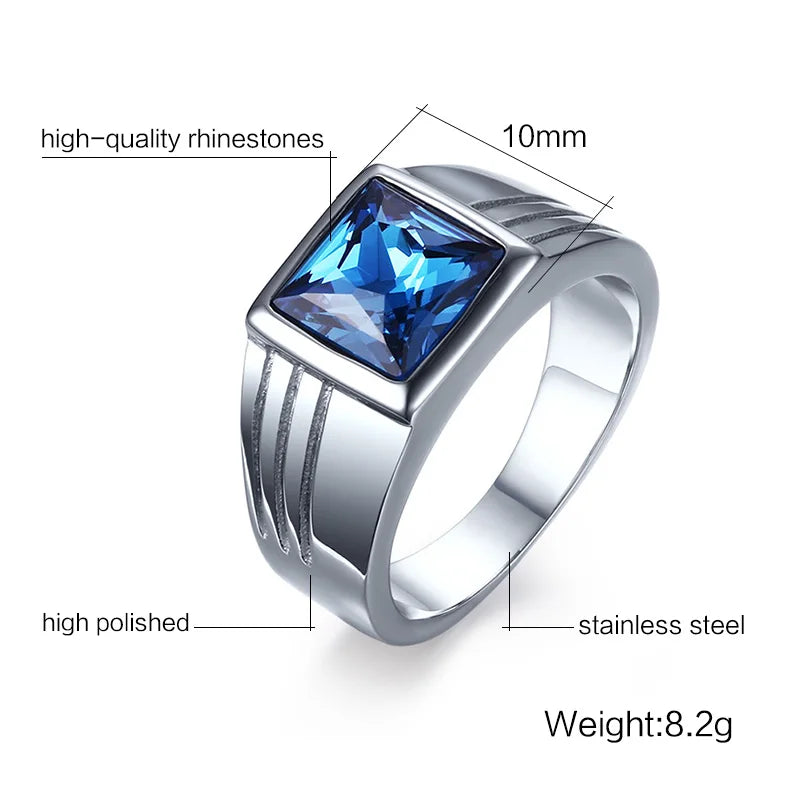 Stone Blue CZ Zircon Engagement Band Ring for Men Silver Color Stainless Steel High Quality