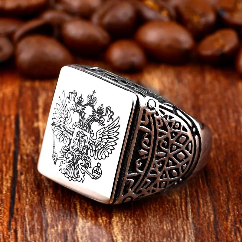 Steel soldier simple vintage fashion stainless steel men ring square design double eagle Emblem signet jewelry gift