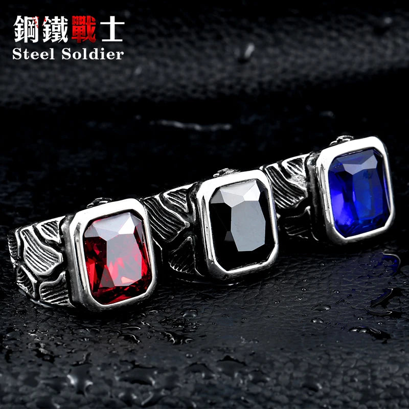 Steel soldier stainless steel men stone ring crackle design style ring big red/blue stone 316l steel jewelry