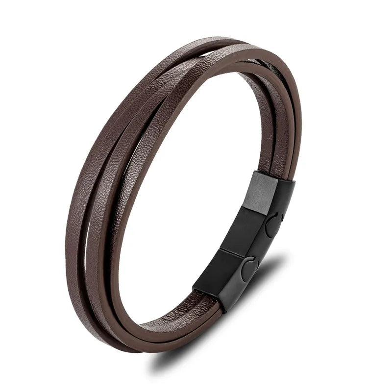 Siena Multilayer Leather Bracelet - Stainless Steel Buckle & Braided Wrap for Men