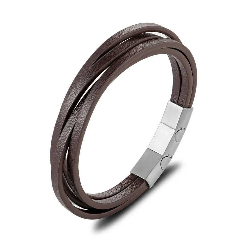 Siena Multilayer Leather Bracelet - Stainless Steel Buckle & Braided Wrap for Men