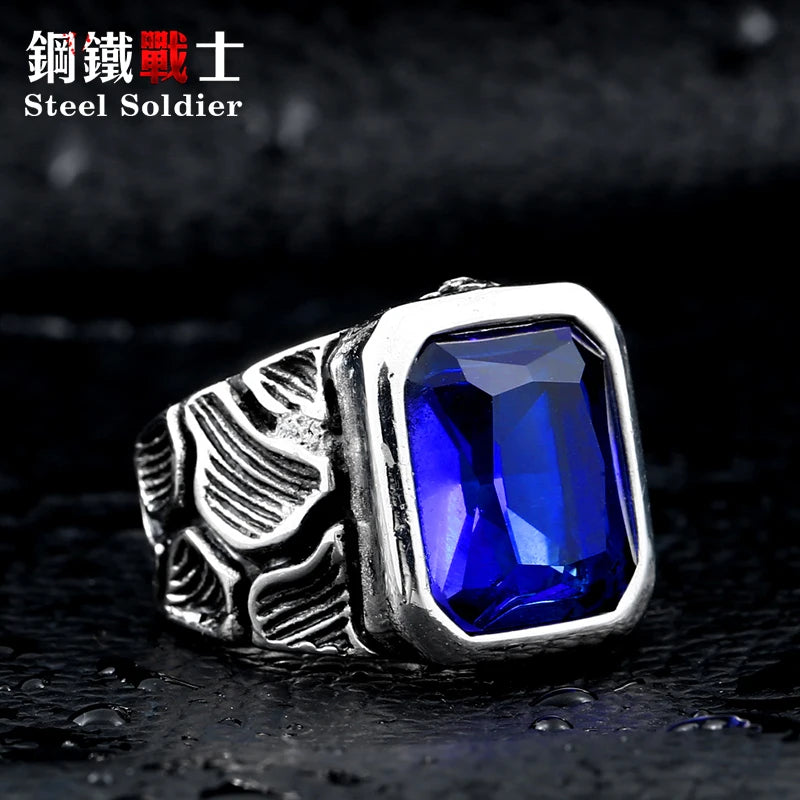 Steel soldier stainless steel men stone ring crackle design style ring big red/blue stone 316l steel jewelry