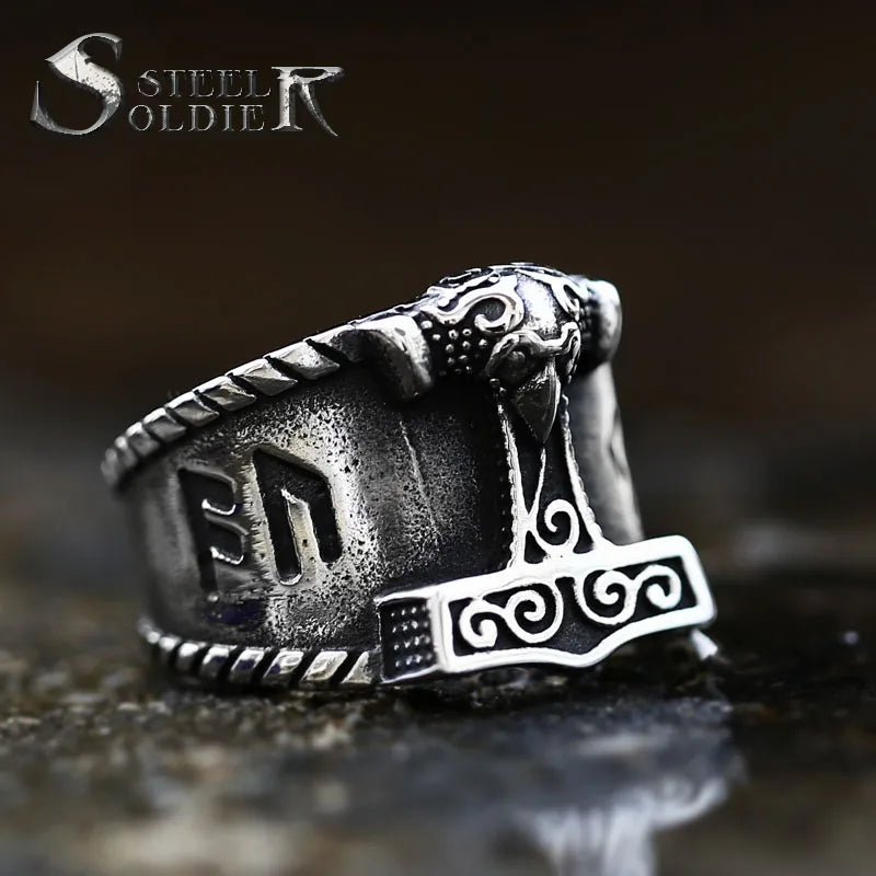 Teel soldier Son of Odin Thor Hammer Biker Ring Viking Mens Mjolnir Stainless Steel Rune Amulet Rings Norse Jewelry Gift