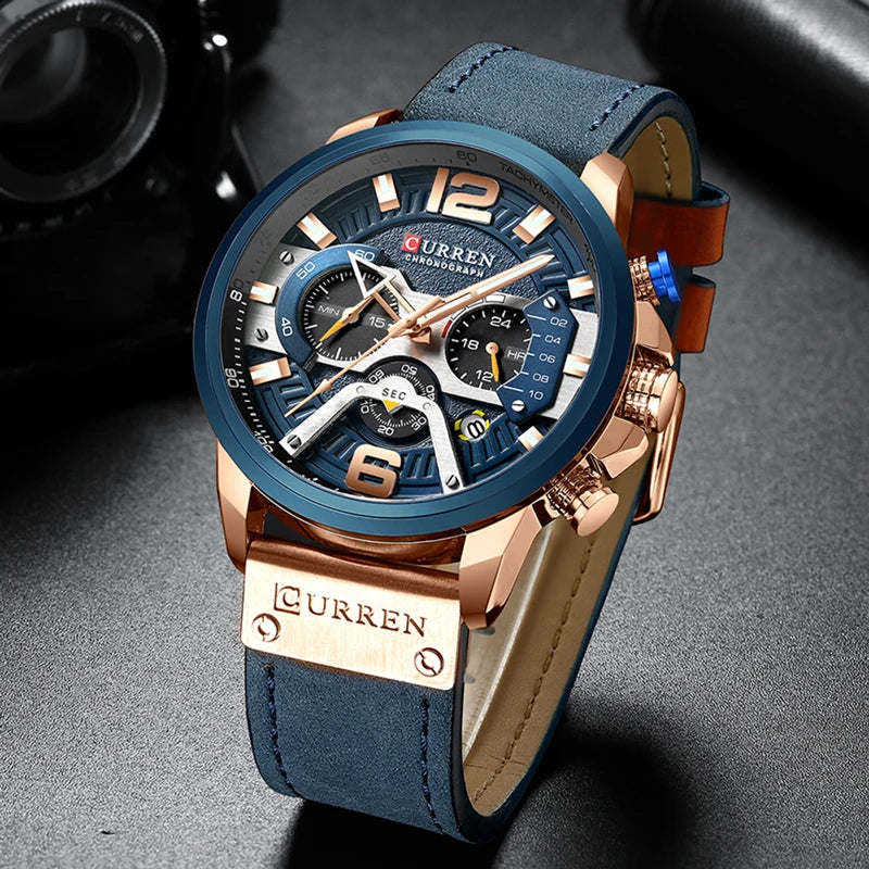 CURREN Men's Casual Sport Watch - Luxury Military Leather Chronograph Wristwatch