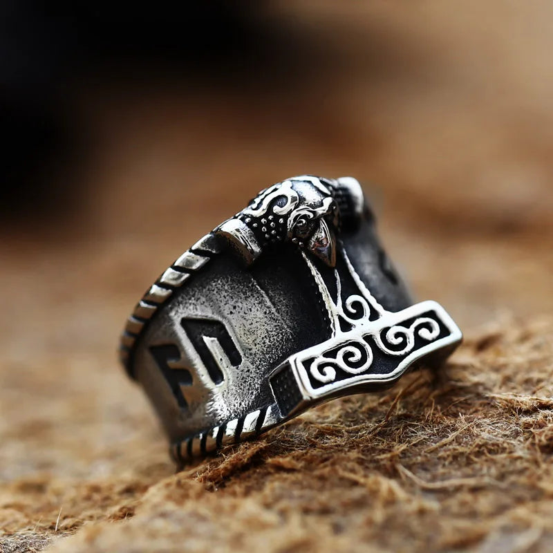 Teel soldier Son of Odin Thor Hammer Biker Ring Viking Mens Mjolnir Stainless Steel Rune Amulet Rings Norse Jewelry Gift