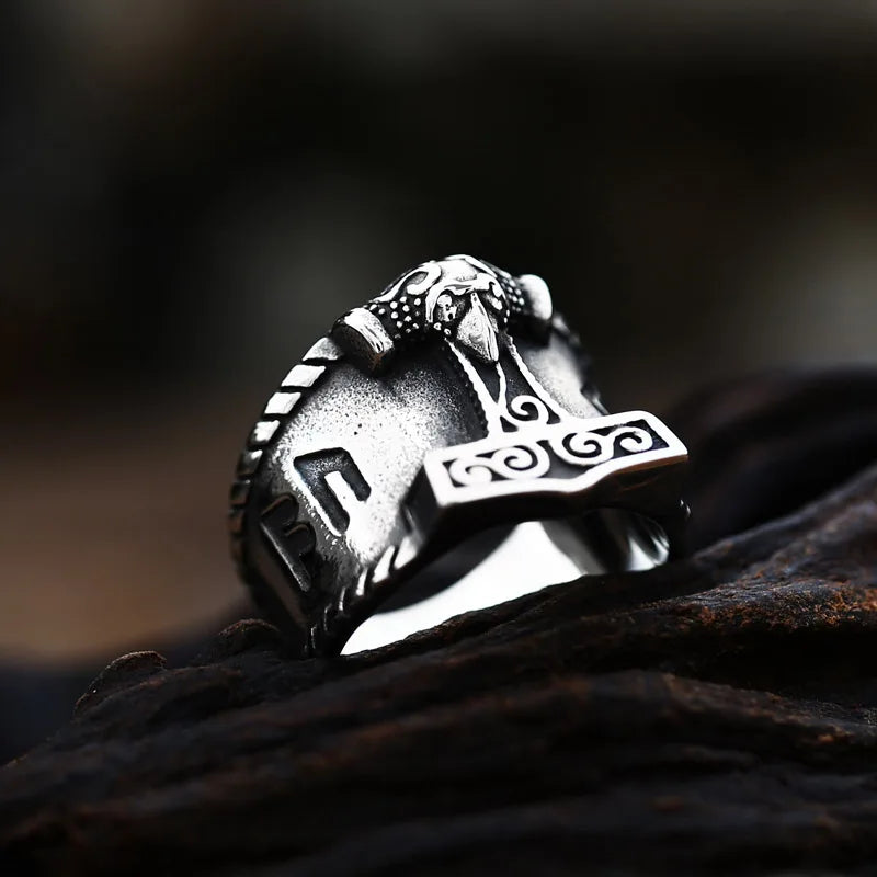 Teel soldier Son of Odin Thor Hammer Biker Ring Viking Mens Mjolnir Stainless Steel Rune Amulet Rings Norse Jewelry Gift