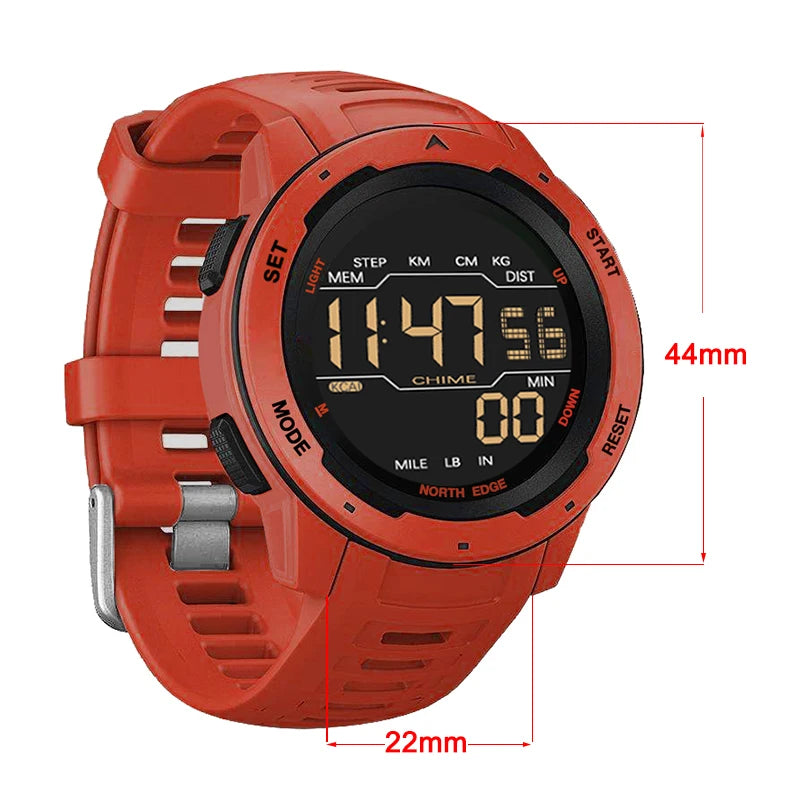 NORTH EDGE Men's Digital Sports Watch - Dual Time, Pedometer, Alarm, 50M Waterproof Military Clock