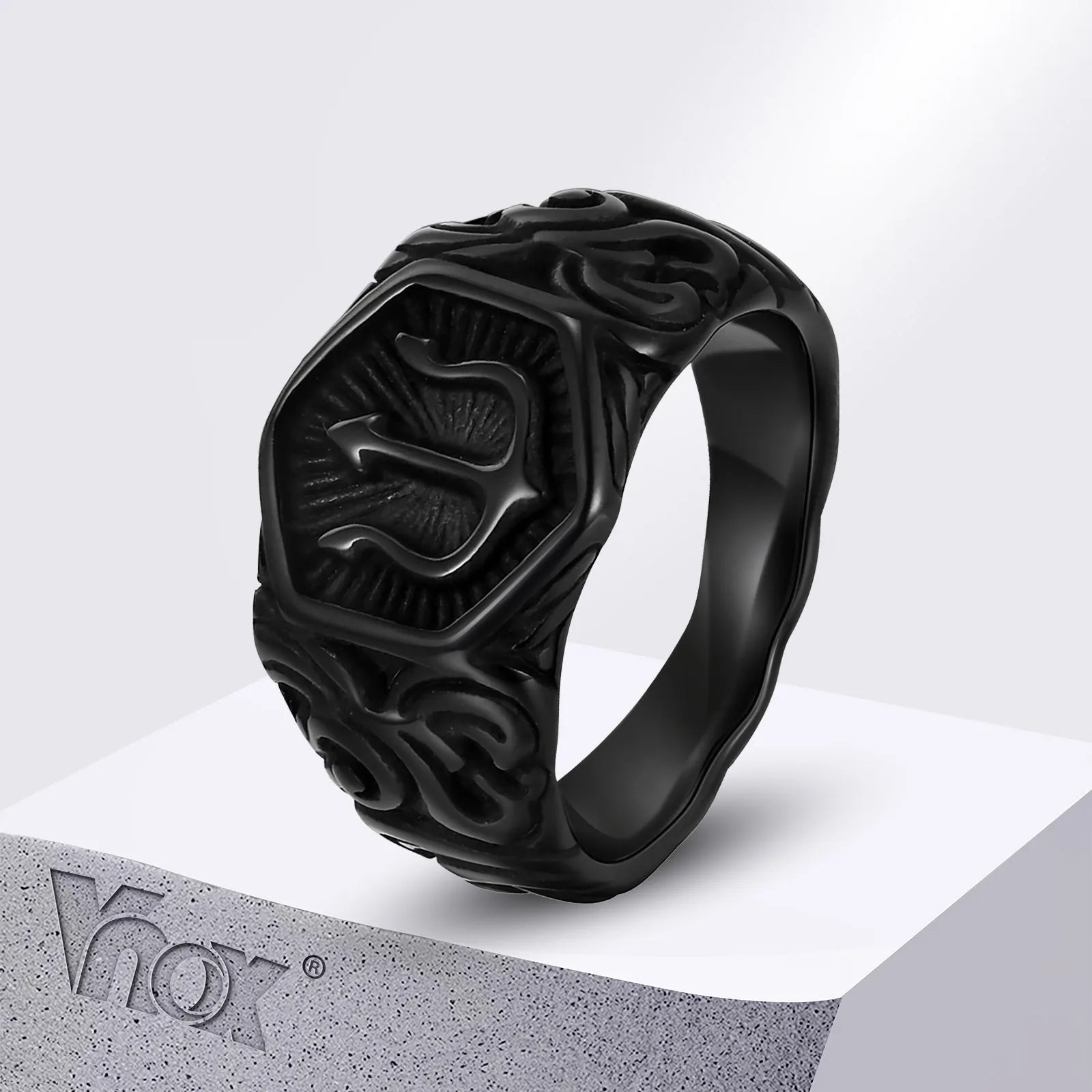 Vanguard Trident Signet Ring - Black Geometric Hexagon Design for Men