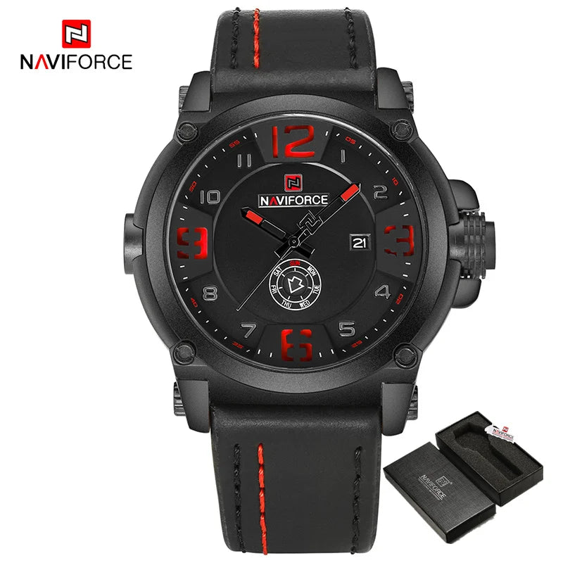 NAVIFORCE Men's Luxury Military Quartz Watch - Analog Date, Leather Strap Wristwatch