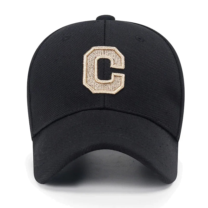 C Letter Pineapple Cotton Baseball Cap - Gold Thread Embroidery & Elastic Fit