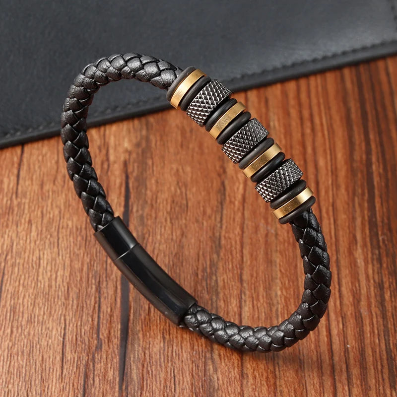 Ravenna Punk Leather Bracelet - Stainless Steel Beads & Braided Design for Men