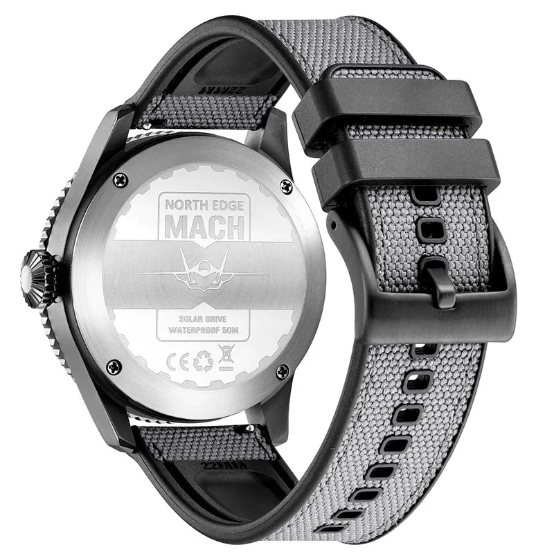 NORTH EDGE MACH Men's Solar Powered Watch - Dual Time Zone, Waterproof, TPR Nylon Strap Pilot Watch