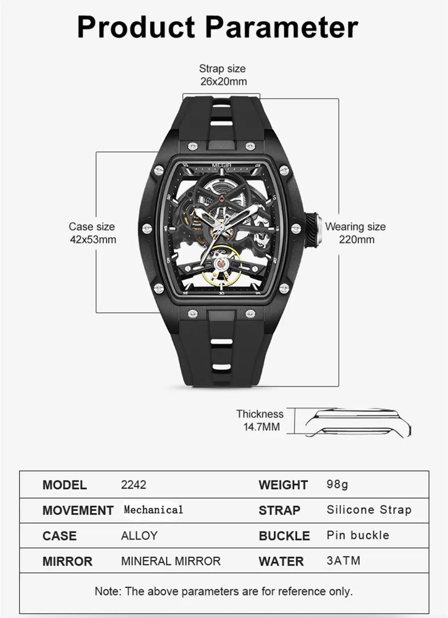 MEGIR Men's Luxury Sport Watch - Silicone Mechanical Hollow Automatic Movement Luminous Wristwatch