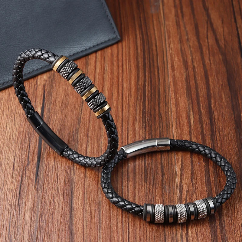 Ravenna Punk Leather Bracelet - Stainless Steel Beads & Braided Design for Men