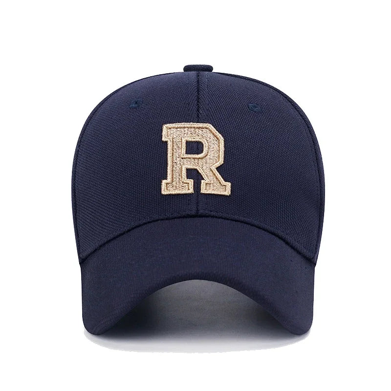 R Letter Pineapple Cotton Baseball Cap - Gold Thread Embroidery & Elastic Fit