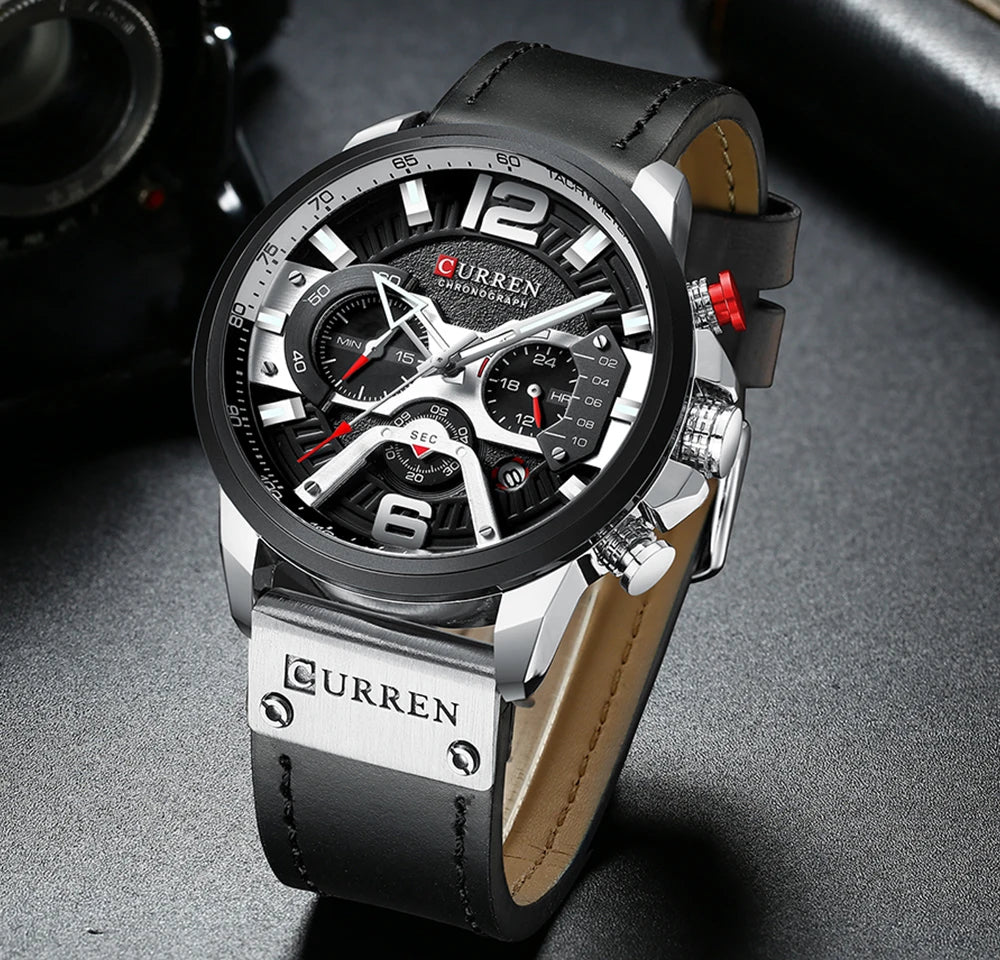 CURREN Men's Casual Sport Watch - Luxury Military Leather Chronograph Wristwatch