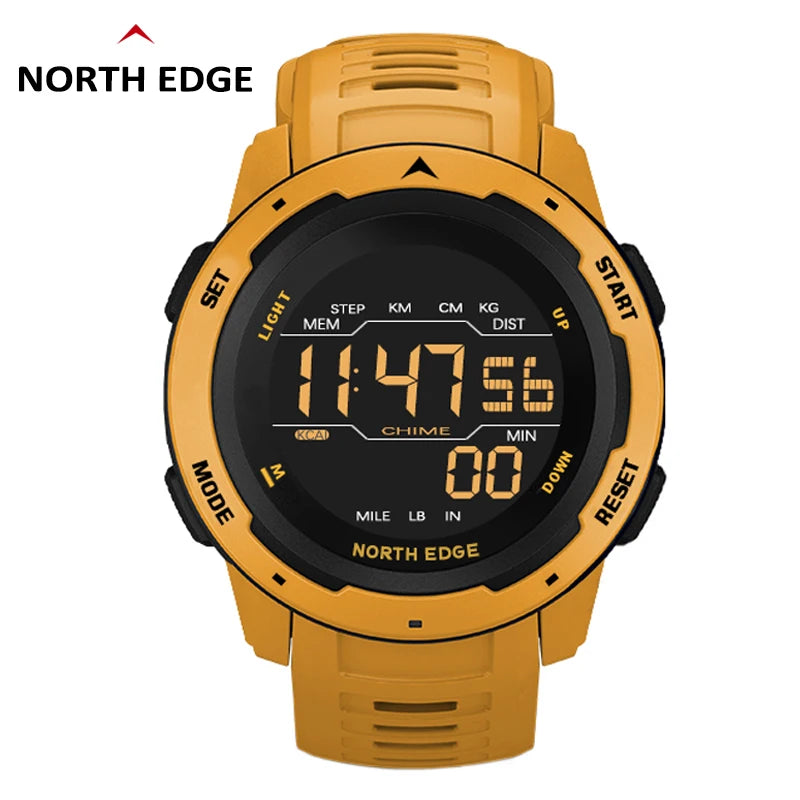 NORTH EDGE Men's Digital Sports Watch - Dual Time, Pedometer, Alarm, 50M Waterproof Military Clock