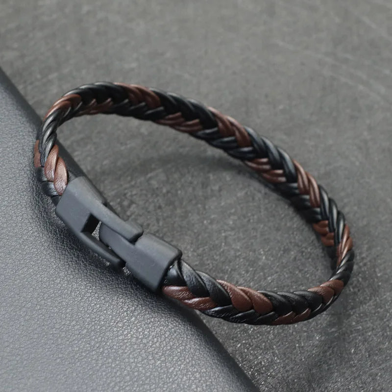 Elysian Braided Leather Bracelet - Stainless Steel Buckle & Multilayer Wrap for Men