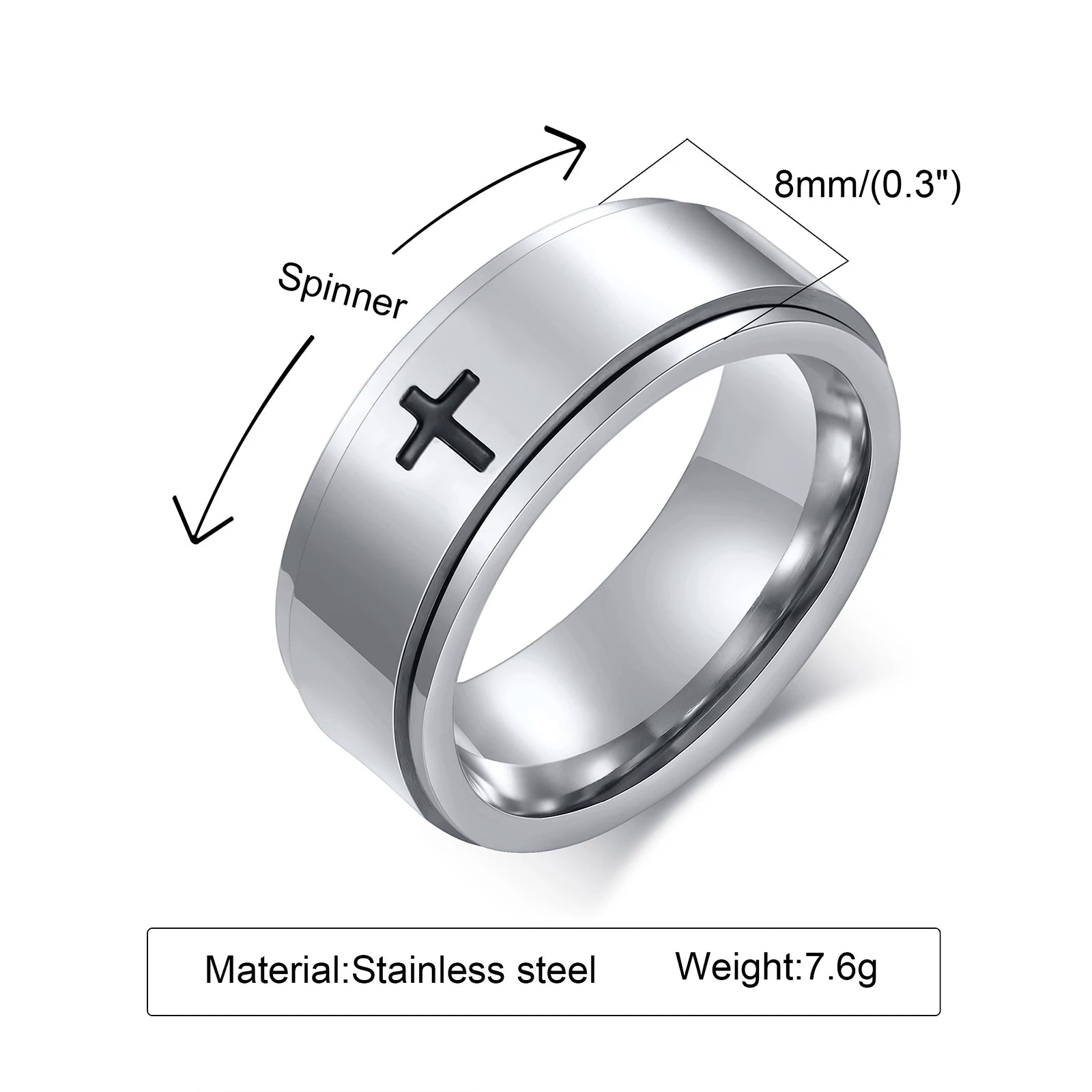 Spinner Cross Ring for Men, Black Stainless Steel Rotatable Stress Release Finger Band, Religion Ring