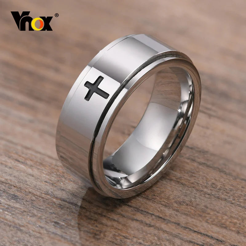 Spinner Cross Ring for Men, Black Stainless Steel Rotatable Stress Release Finger Band, Religion Ring