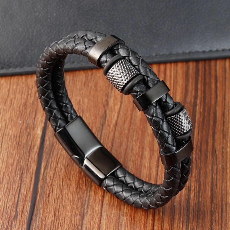 Marbella Leather Braid Bracelet - Men's Stainless Steel Magnetic Buckle