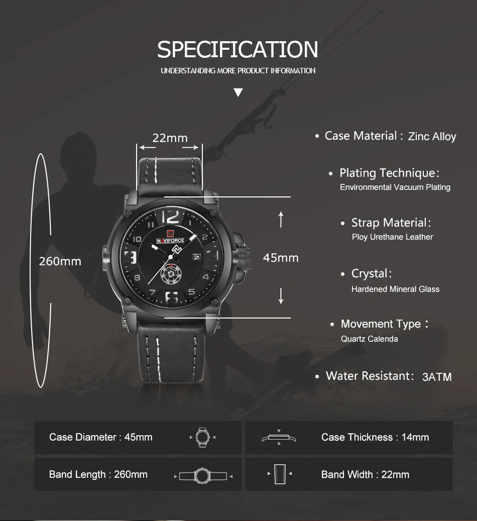 NAVIFORCE Men's Luxury Military Quartz Watch - Analog Date, Leather Strap Wristwatch