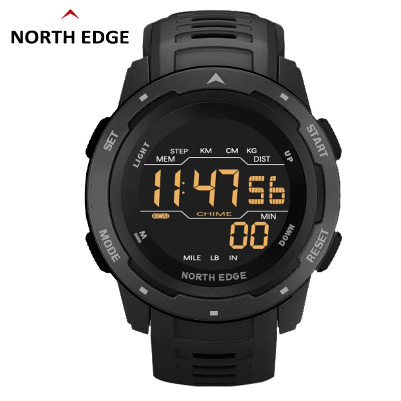 NORTH EDGE Men's Digital Sports Watch - Dual Time, Pedometer, Alarm, 50M Waterproof Military Clock