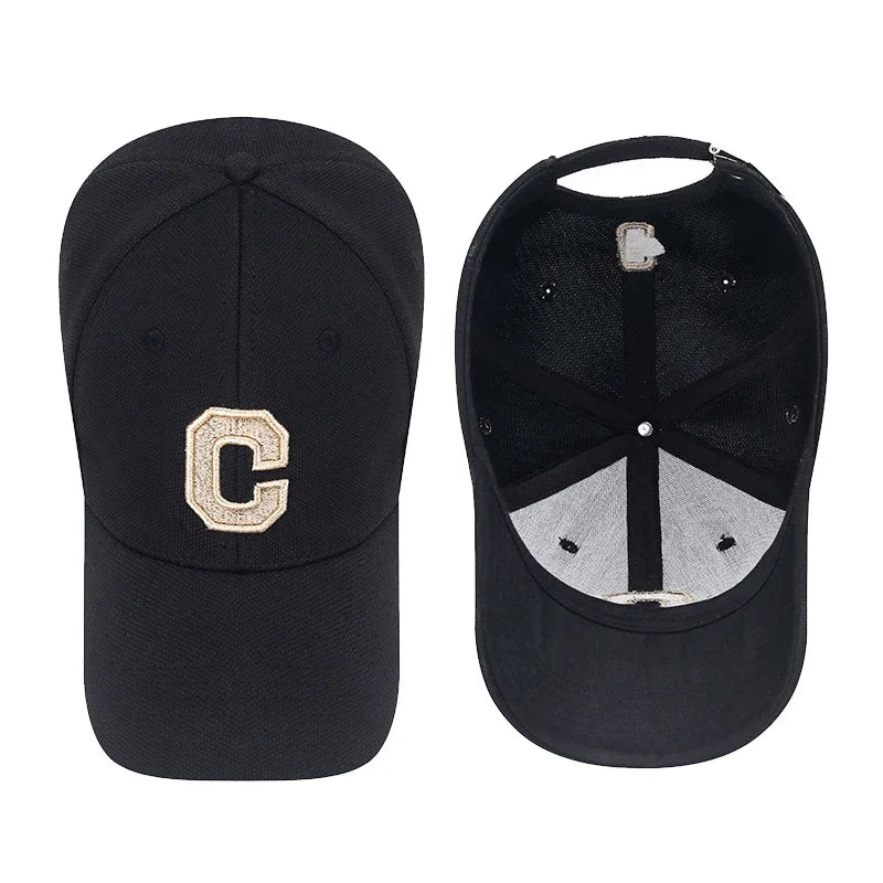 C Letter Pineapple Cotton Baseball Cap - Gold Thread Embroidery & Elastic Fit