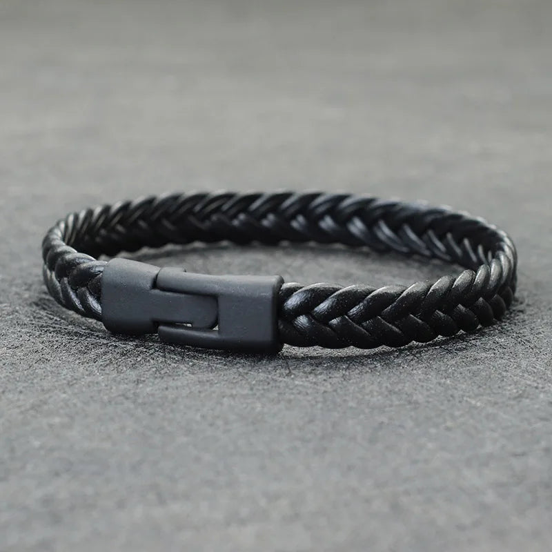 Elysian Braided Leather Bracelet - Stainless Steel Buckle & Multilayer Wrap for Men