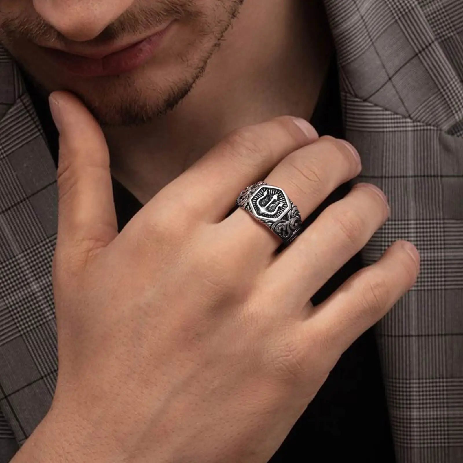 Black Tridant Signet Ring for Men, 13.3mm Chunky Wide Hexagon Geometric Top Finger Band, Strength Power Symbol Jewelry