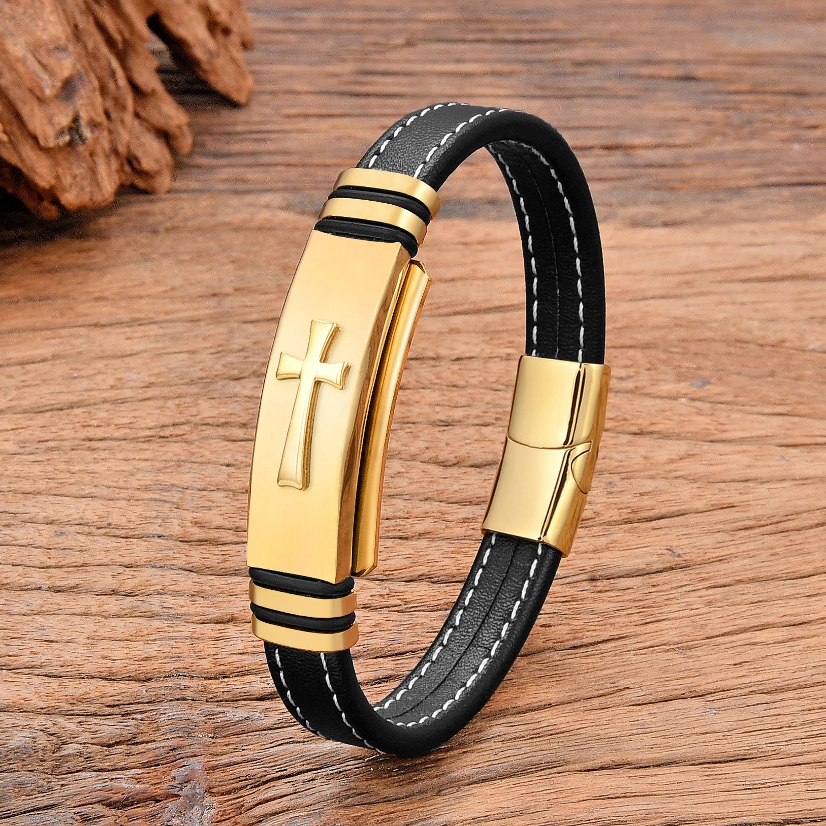 Bologna Black & Gold Cross Bracelet - Stainless Steel with Woven Leather for Men