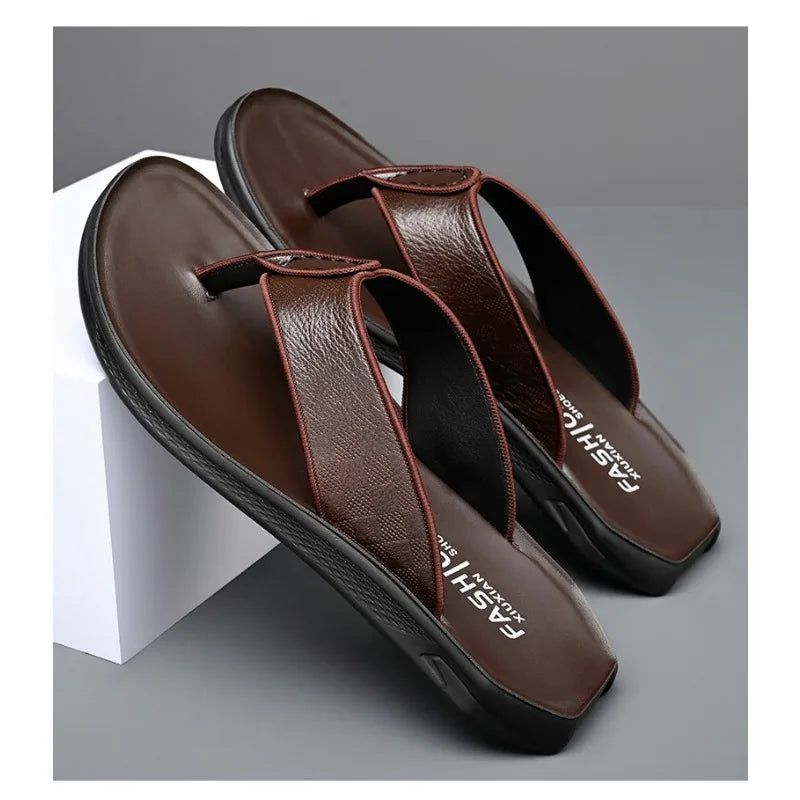 Barcelona Summer Casual Men's Sandals - Luxury Soft Leather Flip-Flops with Non-Slip Design