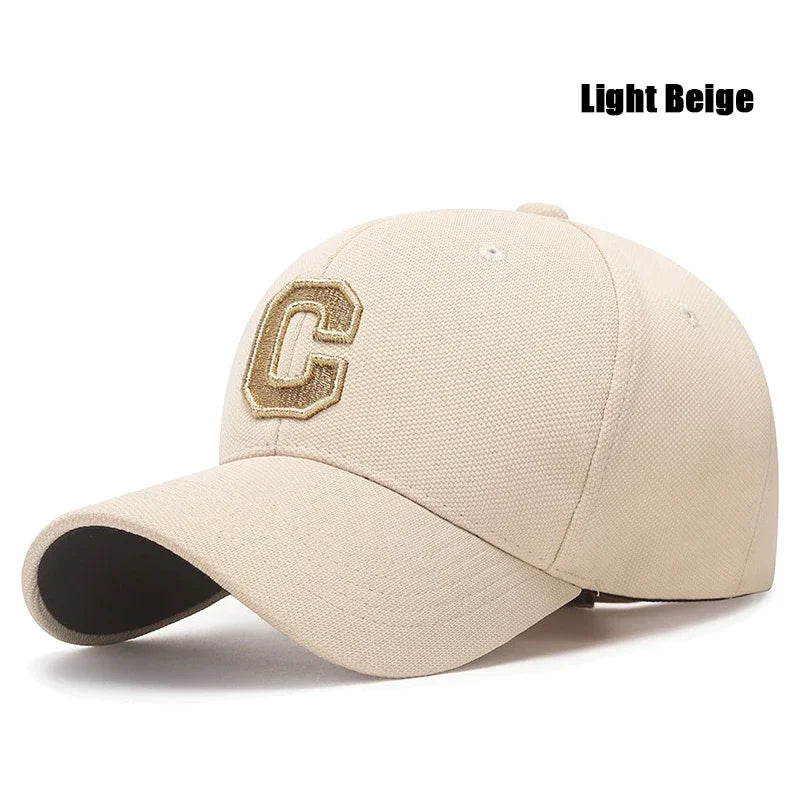 C Letter Pineapple Cotton Baseball Cap - Gold Thread Embroidery & Elastic Fit