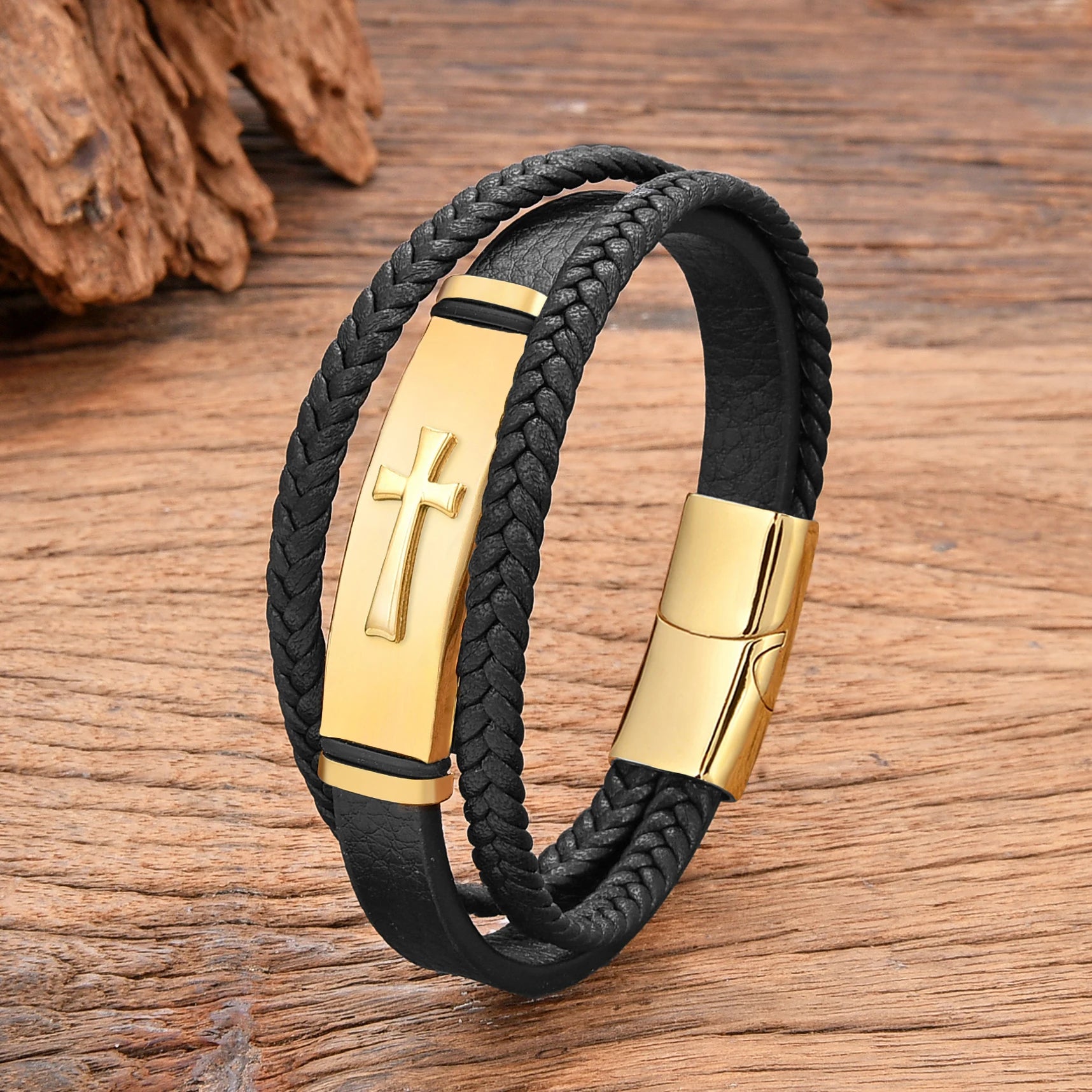 Bologna Black & Gold Cross Bracelet - Stainless Steel with Woven Leather for Men