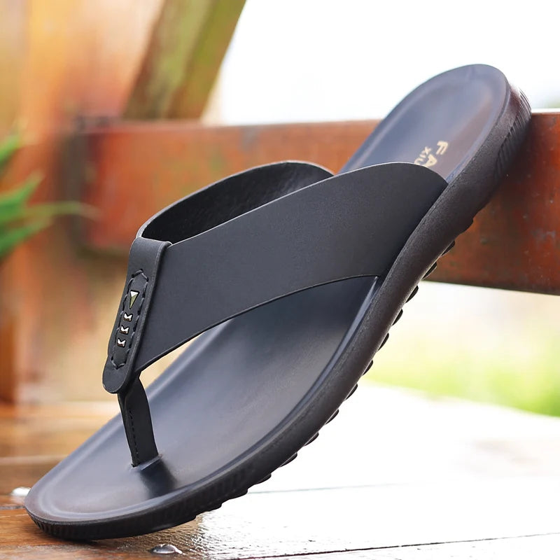 Milan Fashion Leather Flip Flops - PU Leather Light Summer Sandals for Men, Comfortable Beach & Outdoor Shoes