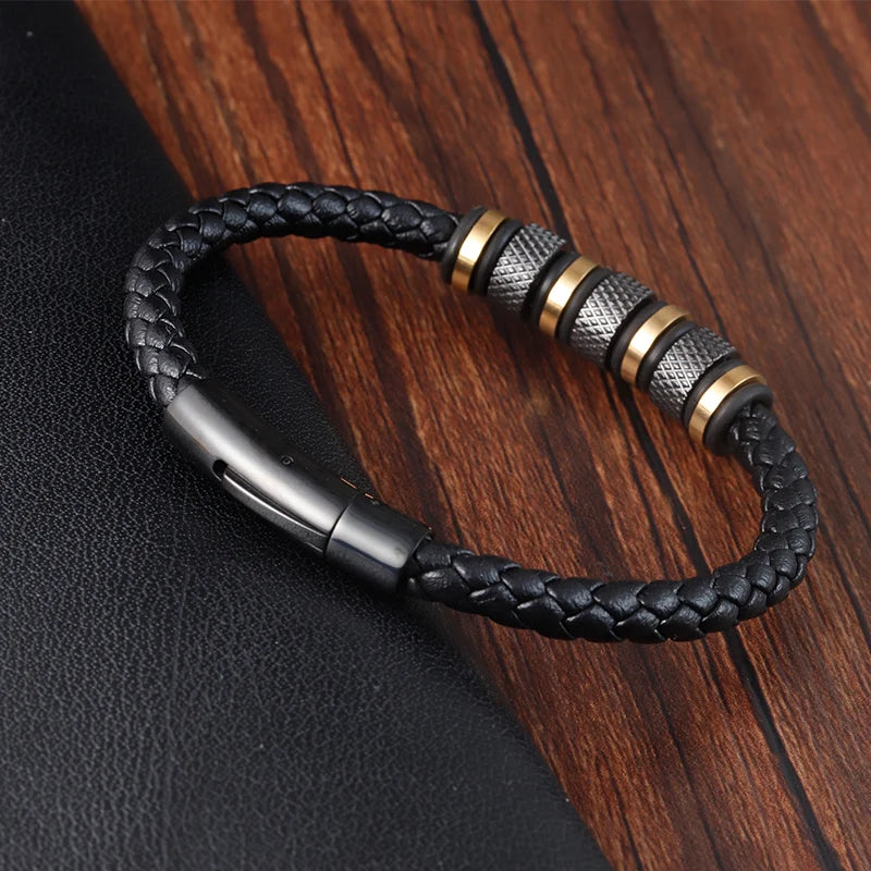 Ravenna Punk Leather Bracelet - Stainless Steel Beads & Braided Design for Men