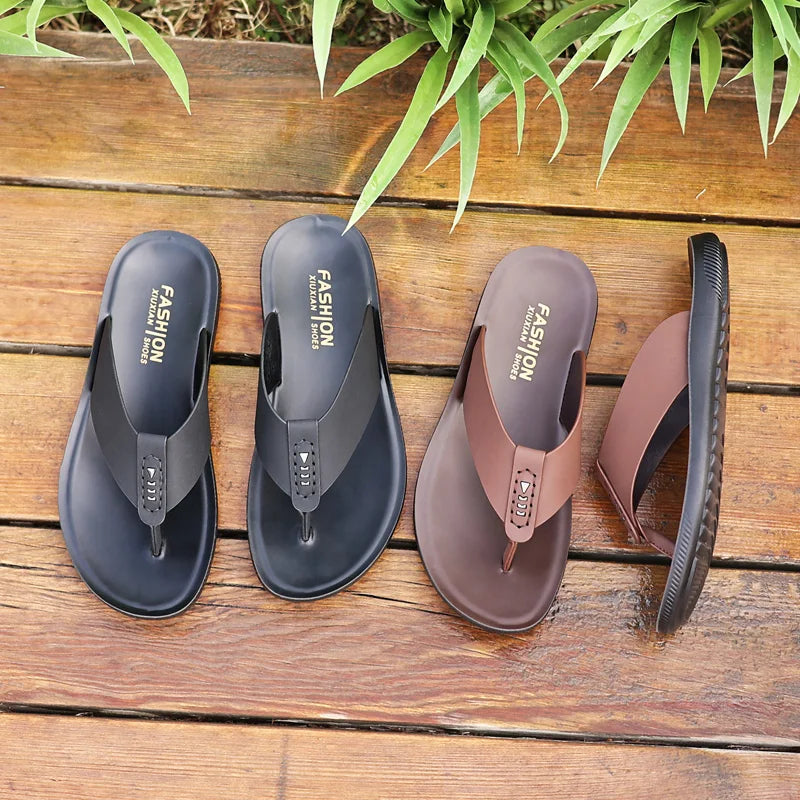 Milan Fashion Leather Flip Flops - PU Leather Light Summer Sandals for Men, Comfortable Beach & Outdoor Shoes