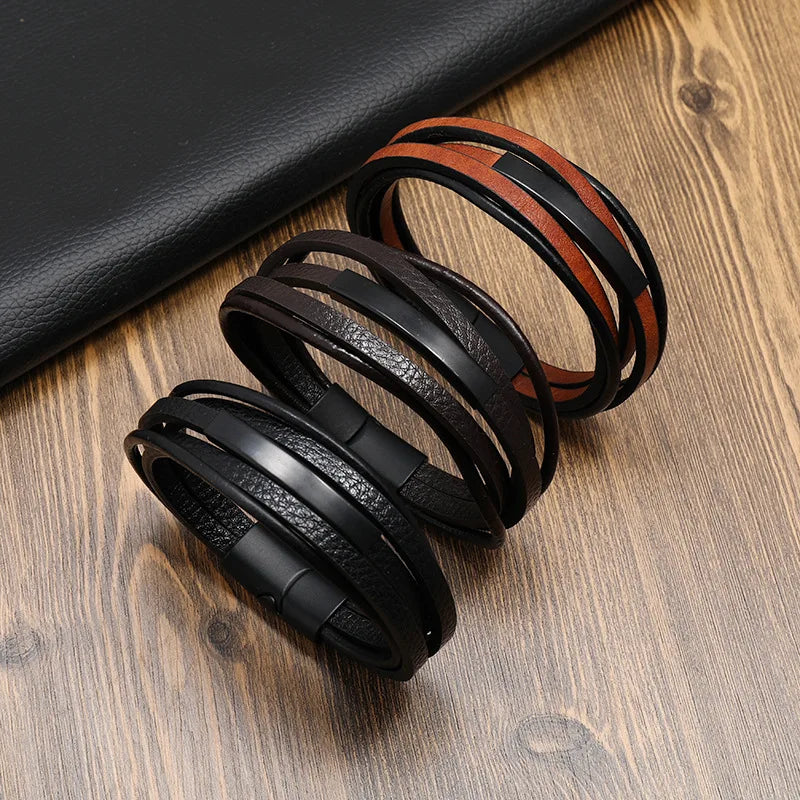 Titan Braided Leather Bracelet - Alloy Magnet Buckle & Multilayer Design for Men