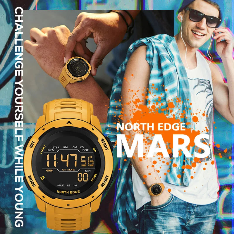 NORTH EDGE Men's Digital Sports Watch - Dual Time, Pedometer, Alarm, 50M Waterproof Military Clock