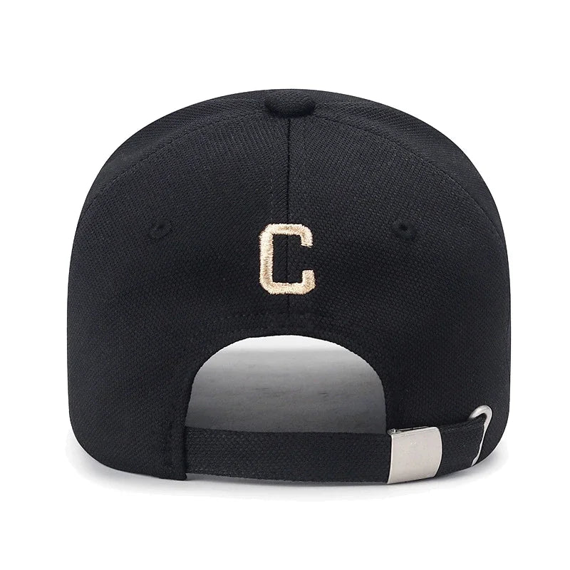 C Letter Pineapple Cotton Baseball Cap - Gold Thread Embroidery & Elastic Fit